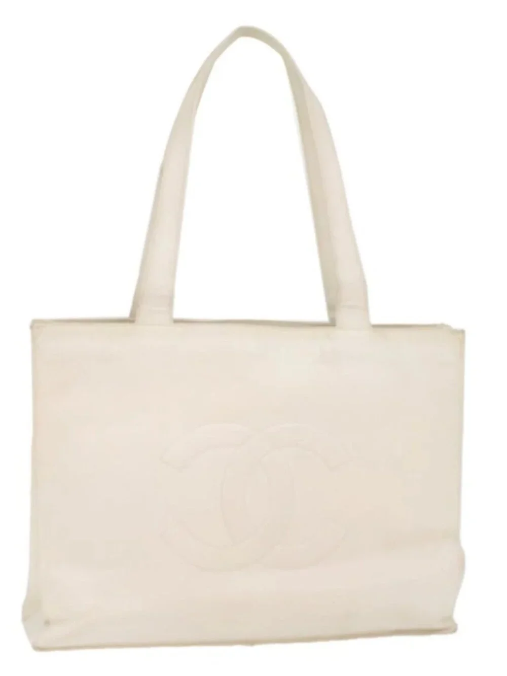 CHANEL Tote Bag Grained Calf Skin White CC Auth bs8320